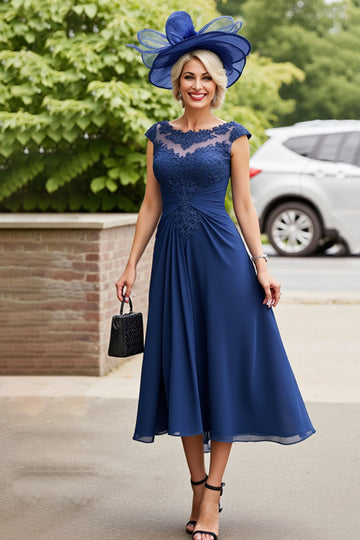 Navy A Line Midi Mother of the Bride Dress with Appliques